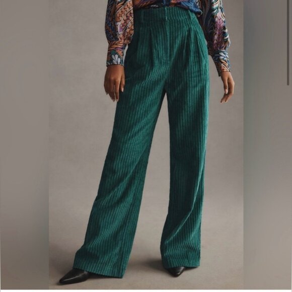 NWT FARM RIO Emerald Corduroy Wide-Leg Front-Pleat Pants Pocket